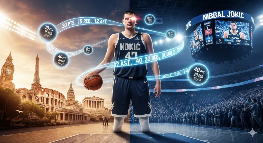 Créez une image captivante taille 169 pour le sujet Nikola Jokić en 2025 entre domination européenne, triple-double en NBA et émotions inattendues