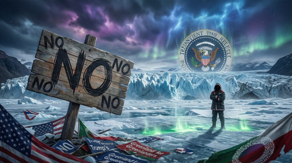 Créez une image captivante en format 16:9 pour le sujet : Rejet unanime des partis groenlandais face aux ambitions de Donald Trump sur leur territoire.